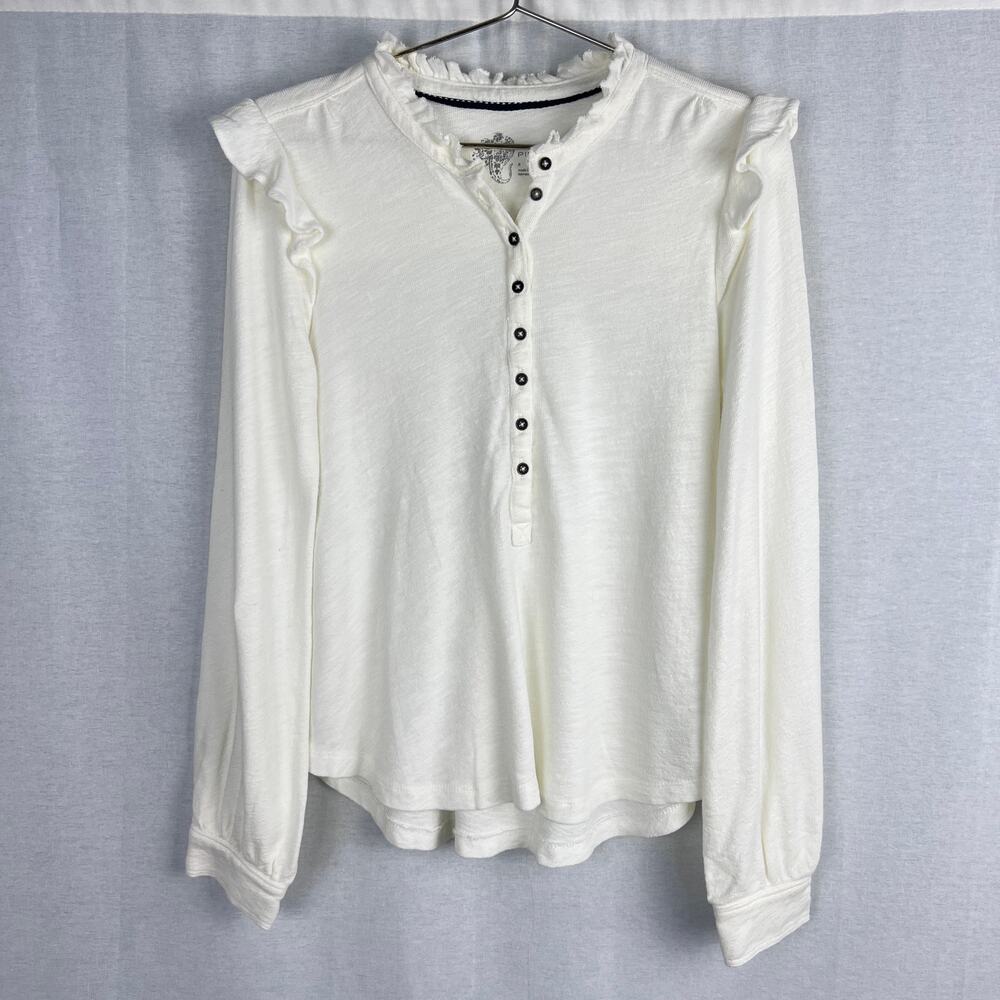 Anthropologie Pilcro Top Ruffle Henley Shirt Cream Boho Cottage Peasant Feminine